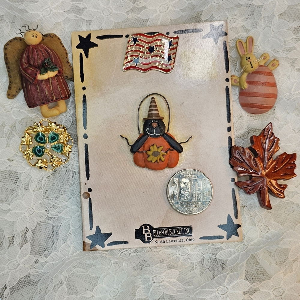 Holiday Lapel Pins •* Vintage * Set of 6 * Wood * Metal * Enamel * Brooch